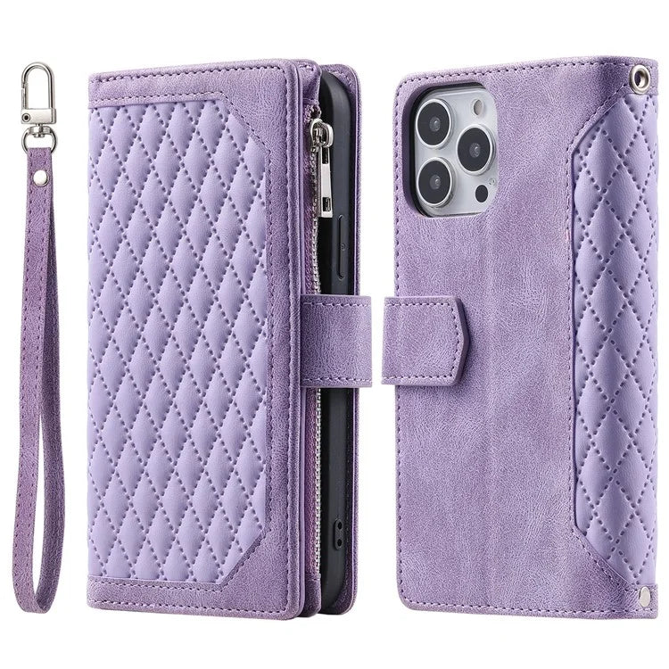 Style 005 For iPhone 16 Pro Max Case Rhombus Stitching Line PU Leather Zipper Wallet Phone Cover