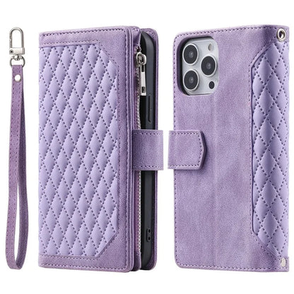 Style 005 For iPhone 16 Pro Max Case Rhombus Stitching Line PU Leather Zipper Wallet Phone Cover