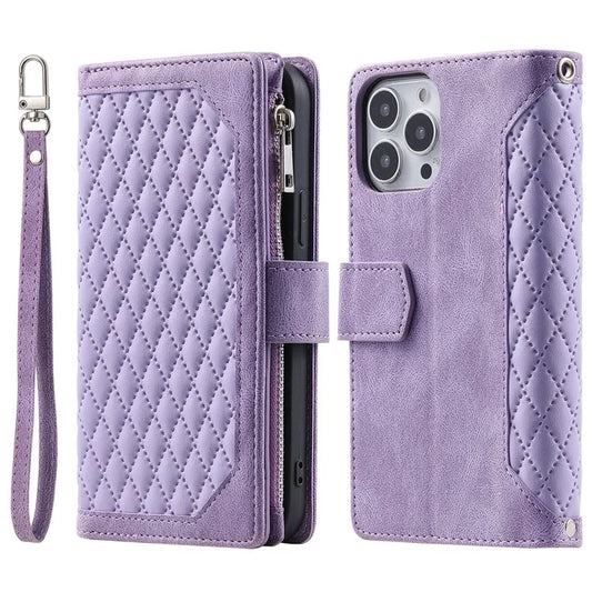 Style 005 For iPhone 16 Pro Max Case Rhombus Stitching Line PU Leather Zipper Wallet Phone Cover