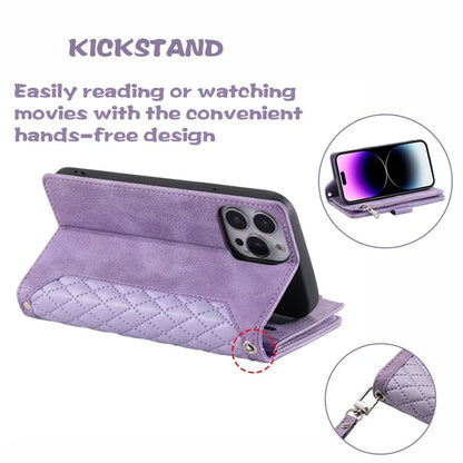 Style 005 For iPhone 16 Pro Max Case Rhombus Stitching Line PU Leather Zipper Wallet Phone Cover
