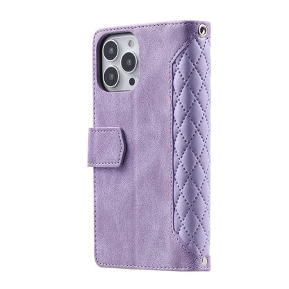 Style 005 For iPhone 16 Pro Max Case Rhombus Stitching Line PU Leather Zipper Wallet Phone Cover
