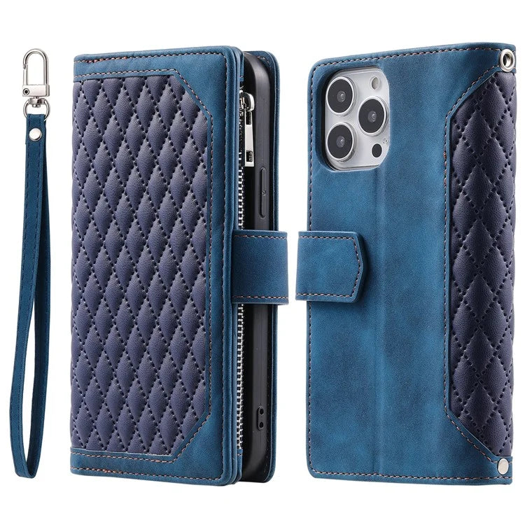 Style 005 For iPhone 16 Pro Max Case Rhombus Stitching Line PU Leather Zipper Wallet Phone Cover