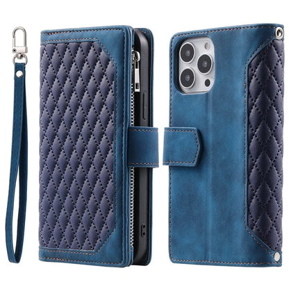 Style 005 For iPhone 16 Pro Max Case Rhombus Stitching Line PU Leather Zipper Wallet Phone Cover