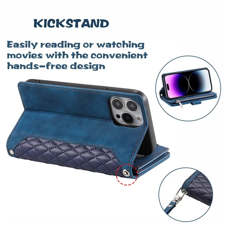 Style 005 For iPhone 16 Pro Max Case Rhombus Stitching Line PU Leather Zipper Wallet Phone Cover