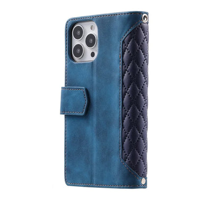 Style 005 For iPhone 16 Pro Max Case Rhombus Stitching Line PU Leather Zipper Wallet Phone Cover