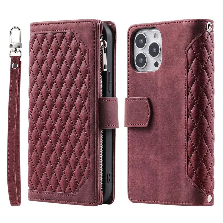 Style 005 For iPhone 16 Pro Max Case Rhombus Stitching Line PU Leather Zipper Wallet Phone Cover