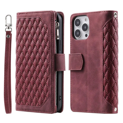 Style 005 For iPhone 16 Pro Max Case Rhombus Stitching Line PU Leather Zipper Wallet Phone Cover