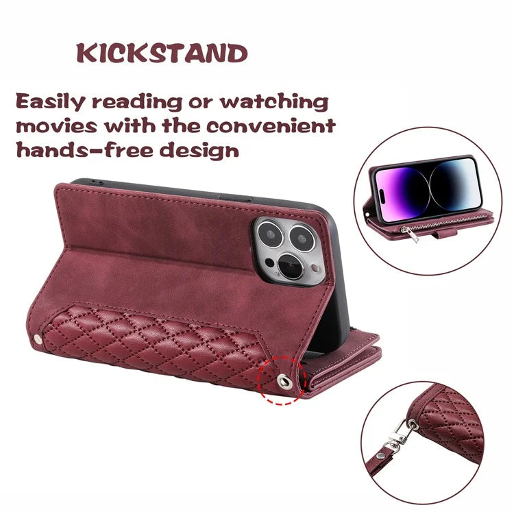 Style 005 For iPhone 16 Pro Max Case Rhombus Stitching Line PU Leather Zipper Wallet Phone Cover