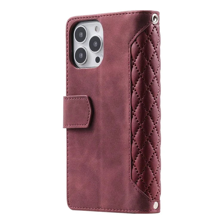 Style 005 For iPhone 16 Pro Max Case Rhombus Stitching Line PU Leather Zipper Wallet Phone Cover