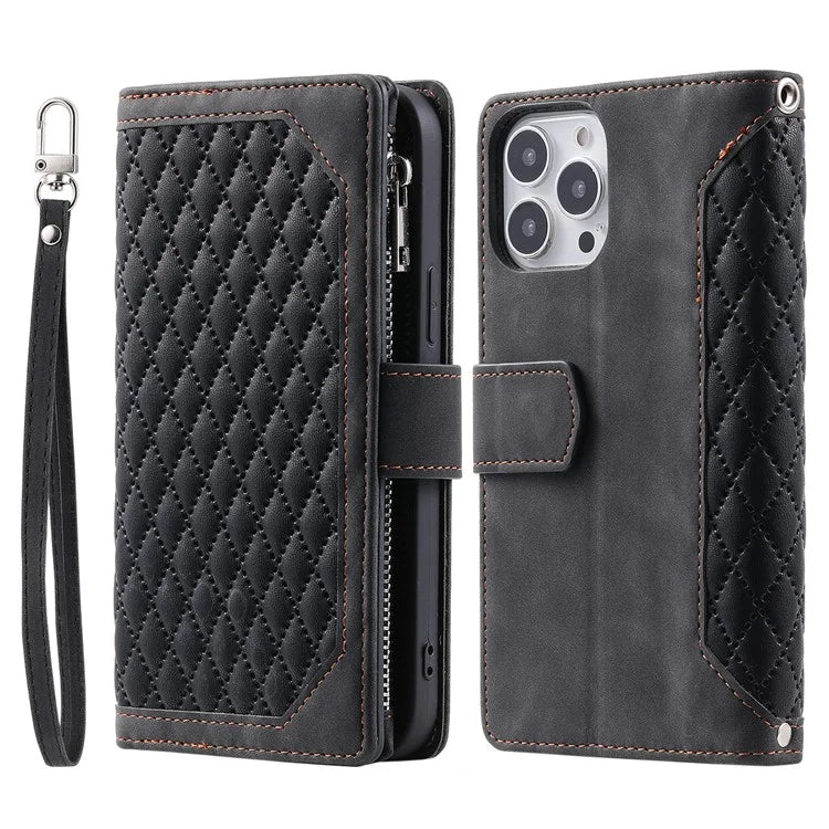 Style 005 For iPhone 16 Pro Max Case Rhombus Stitching Line PU Leather Zipper Wallet Phone Cover