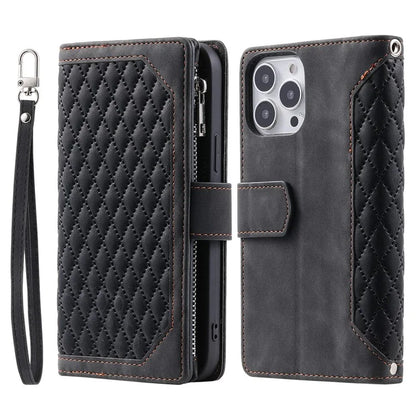 Style 005 For iPhone 16 Pro Max Case Rhombus Stitching Line PU Leather Zipper Wallet Phone Cover