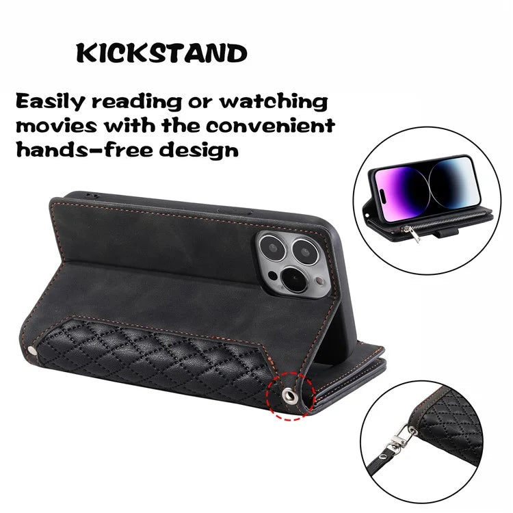 Style 005 For iPhone 16 Pro Max Case Rhombus Stitching Line PU Leather Zipper Wallet Phone Cover
