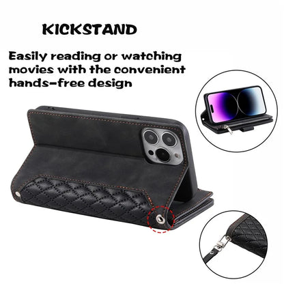 Style 005 For iPhone 16 Pro Max Case Rhombus Stitching Line PU Leather Zipper Wallet Phone Cover
