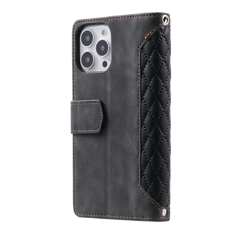 Style 005 For iPhone 16 Pro Max Case Rhombus Stitching Line PU Leather Zipper Wallet Phone Cover
