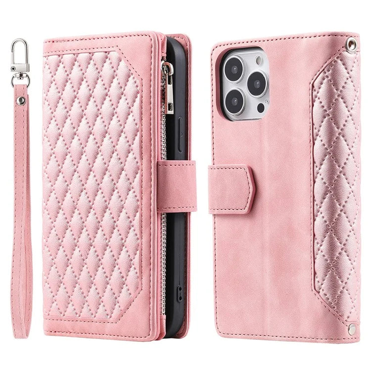 Style 005 For iPhone 16 Pro Max Case Rhombus Stitching Line PU Leather Zipper Wallet Phone Cover