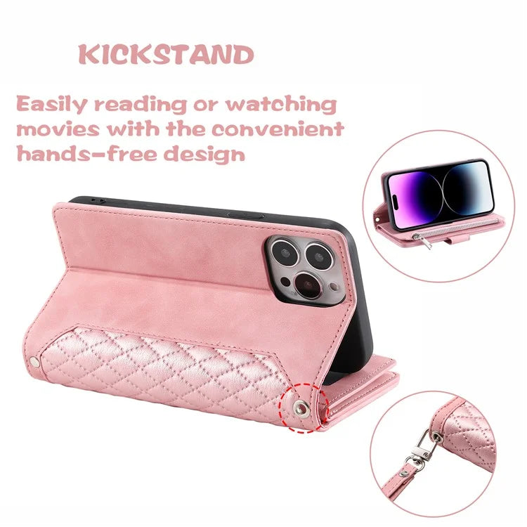 Style 005 For iPhone 16 Pro Max Case Rhombus Stitching Line PU Leather Zipper Wallet Phone Cover