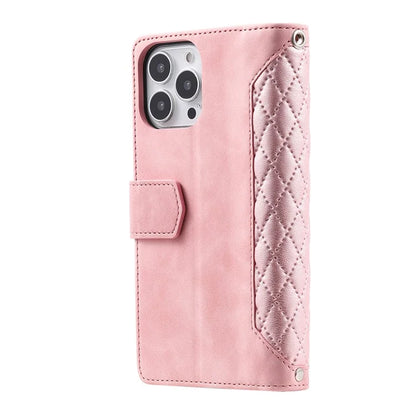 Style 005 For iPhone 16 Pro Max Case Rhombus Stitching Line PU Leather Zipper Wallet Phone Cover