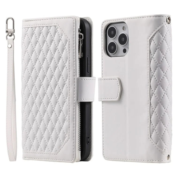 Style 005 For iPhone 16 Pro Max Case Rhombus Stitching Line PU Leather Zipper Wallet Phone Cover