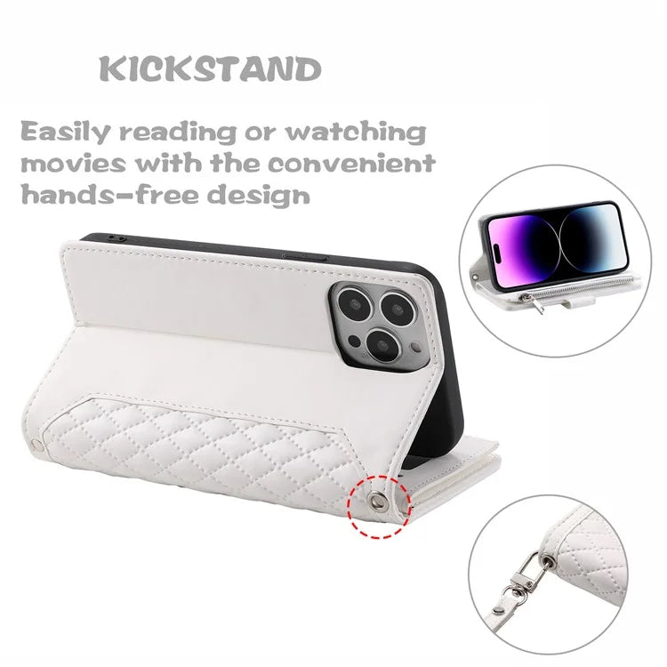 Style 005 For iPhone 16 Pro Max Case Rhombus Stitching Line PU Leather Zipper Wallet Phone Cover