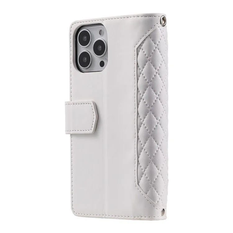 Style 005 For iPhone 16 Pro Max Case Rhombus Stitching Line PU Leather Zipper Wallet Phone Cover