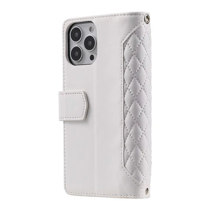 Style 005 For iPhone 16 Pro Max Case Rhombus Stitching Line PU Leather Zipper Wallet Phone Cover