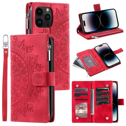 006 For iPhone 16 Pro Max Case PU Leather Zipper Phone Cover Mandala Flower Pattern