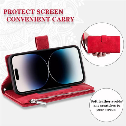 006 For iPhone 16 Pro Max Case PU Leather Zipper Phone Cover Mandala Flower Pattern