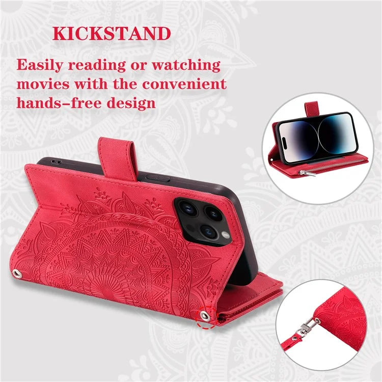 006 For iPhone 16 Pro Max Case PU Leather Zipper Phone Cover Mandala Flower Pattern