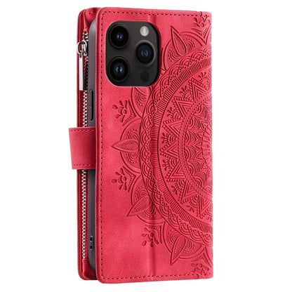 006 For iPhone 16 Pro Max Case PU Leather Zipper Phone Cover Mandala Flower Pattern