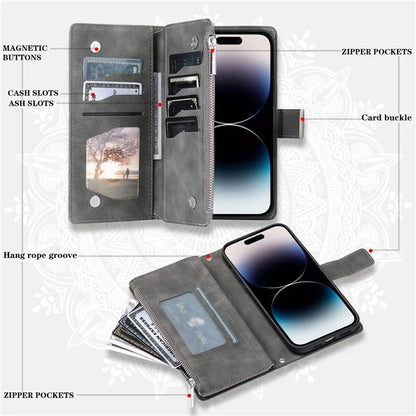 006 For iPhone 16 Pro Max Case PU Leather Zipper Phone Cover Mandala Flower Pattern