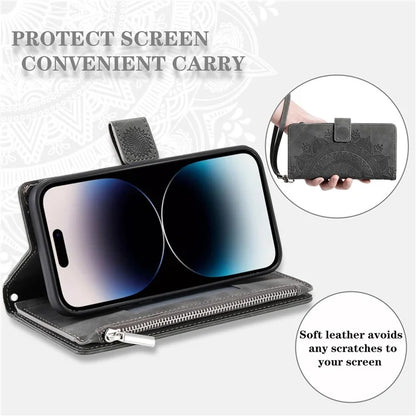 006 For iPhone 16 Pro Max Case PU Leather Zipper Phone Cover Mandala Flower Pattern