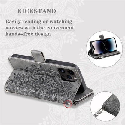 006 For iPhone 16 Pro Max Case PU Leather Zipper Phone Cover Mandala Flower Pattern