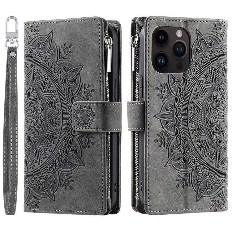 006 For iPhone 16 Pro Max Case PU Leather Zipper Phone Cover Mandala Flower Pattern