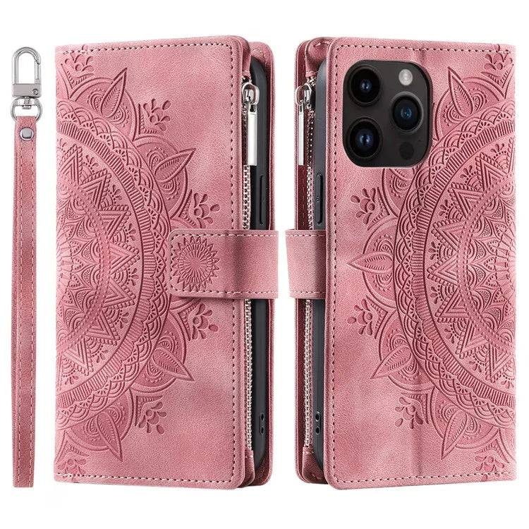 006 For iPhone 16 Pro Max Case PU Leather Zipper Phone Cover Mandala Flower Pattern