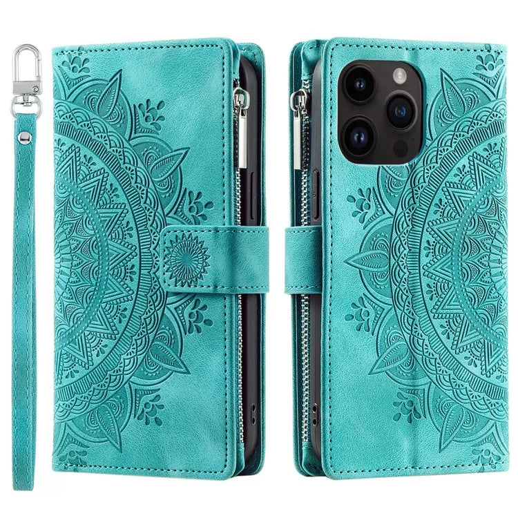 006 For iPhone 16 Pro Max Case PU Leather Zipper Phone Cover Mandala Flower Pattern