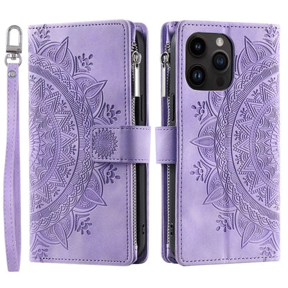 006 For iPhone 16 Pro Case Mandala Flower Zipper Pocket Leather Phone Cover