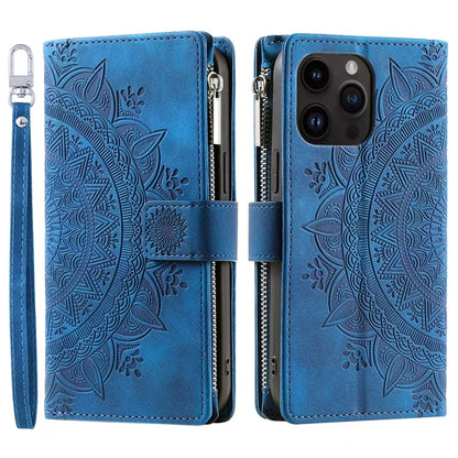 006 For iPhone 16 Pro Case Mandala Flower Zipper Pocket Leather Phone Cover
