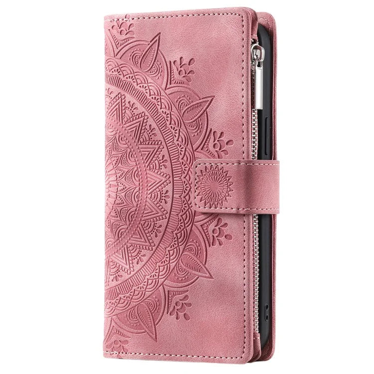 006 For iPhone 16 Pro Case Mandala Flower Zipper Pocket Leather Phone Cover