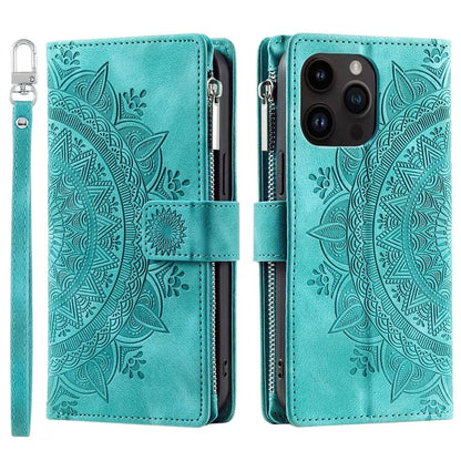 006 For iPhone 16 Pro Case Mandala Flower Zipper Pocket Leather Phone Cover