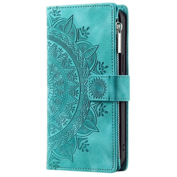 006 For iPhone 16 Pro Case Mandala Flower Zipper Pocket Leather Phone Cover