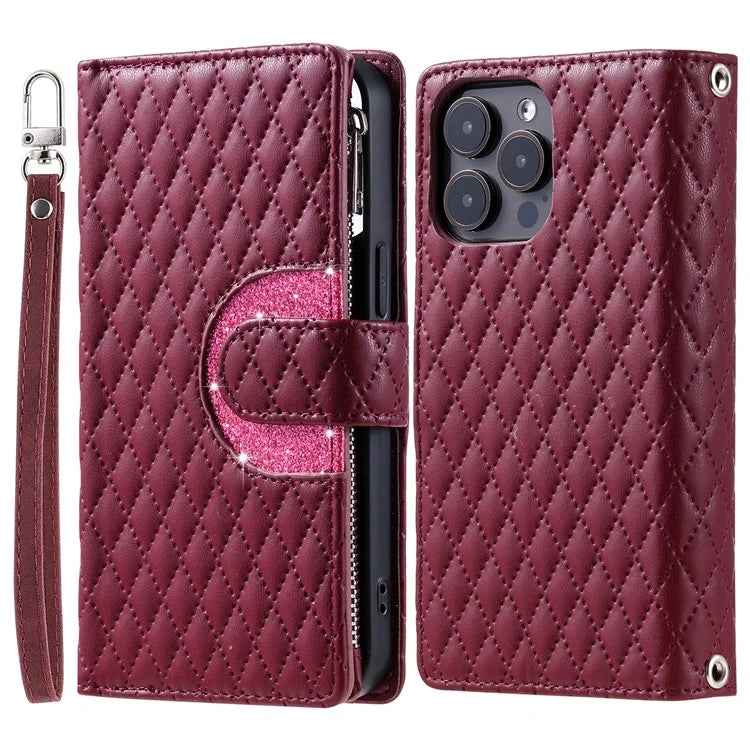 Style 012 for iPhone 16 Pro Max Case Zipper Pocket Glitter Leather Phone Cover