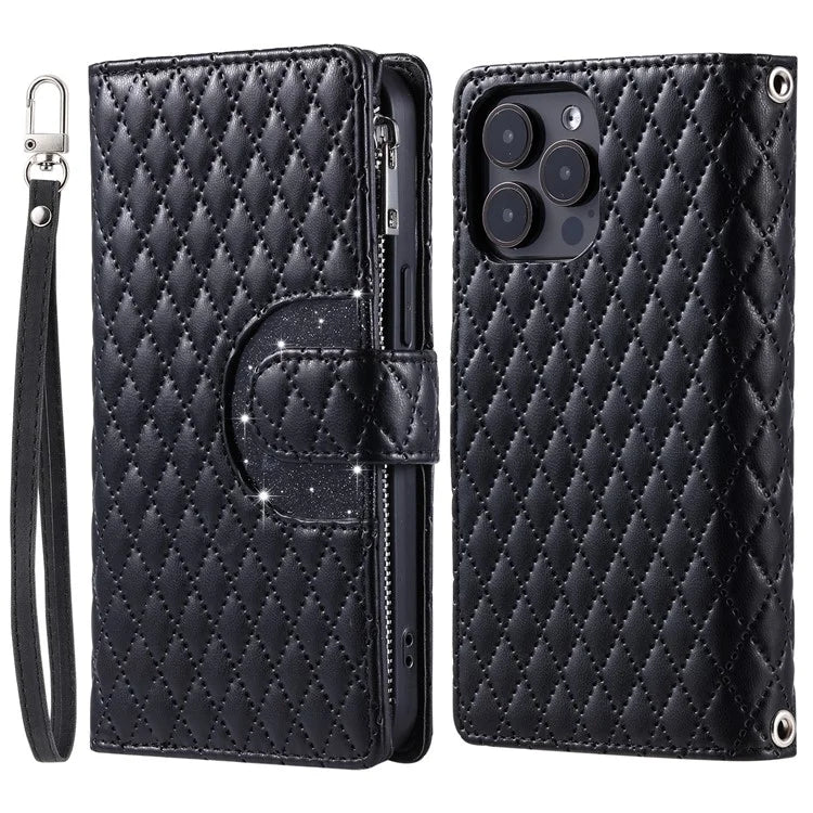 Style 012 for iPhone 16 Pro Max Case Zipper Pocket Glitter Leather Phone Cover