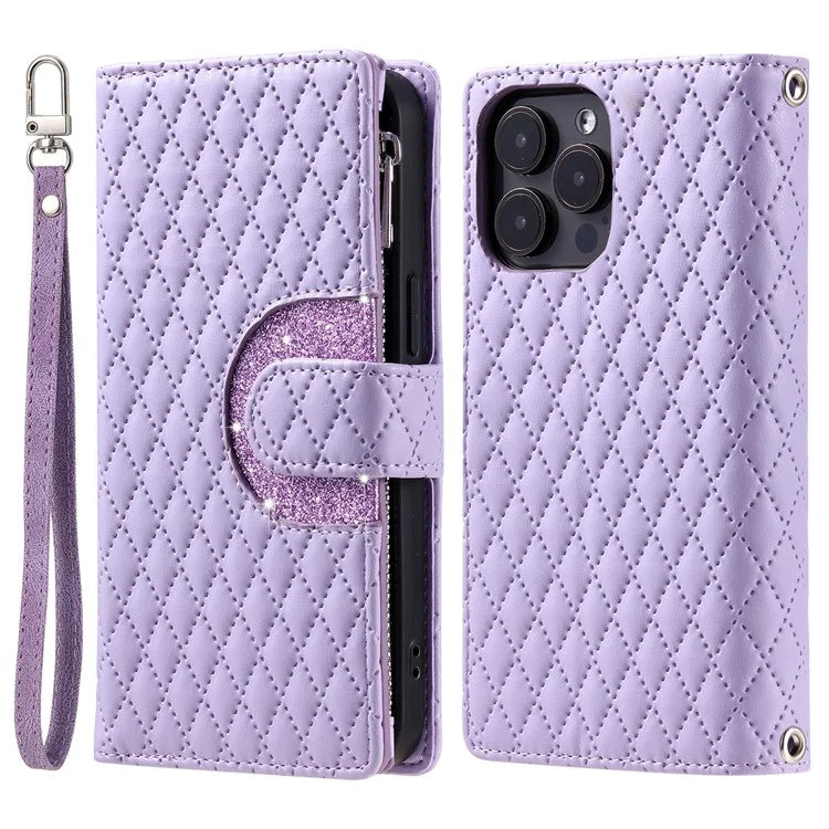 Style 012 for iPhone 16 Pro Max Case Zipper Pocket Glitter Leather Phone Cover