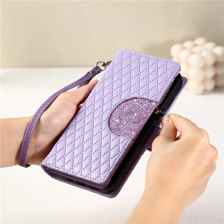 Style 012 for iPhone 16 Pro Max Case Zipper Pocket Glitter Leather Phone Cover