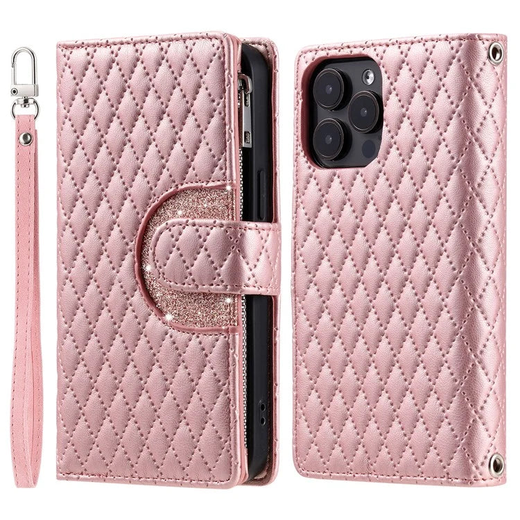 Style 012 for iPhone 16 Pro Max Case Zipper Pocket Glitter Leather Phone Cover