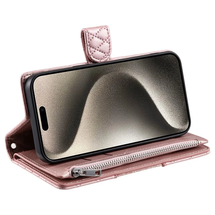 Style 012 for iPhone 16 Pro Max Case Zipper Pocket Glitter Leather Phone Cover