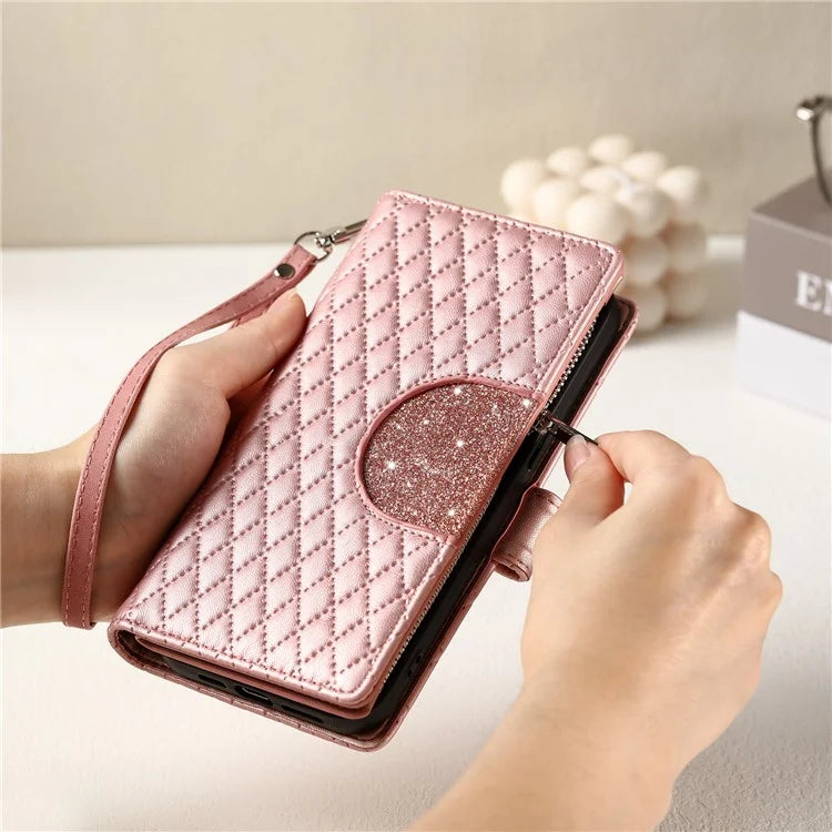 Style 012 for iPhone 16 Pro Max Case Zipper Pocket Glitter Leather Phone Cover