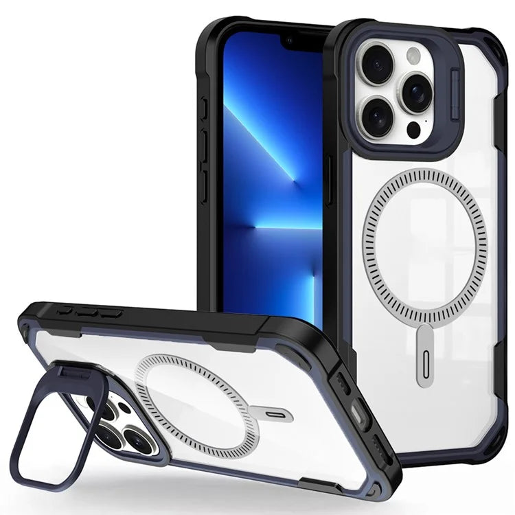 For iPhone 13 Pro Max Case PC+TPU+Acrylic Back Cover with Lens Kickstand Compatible with MagSafe