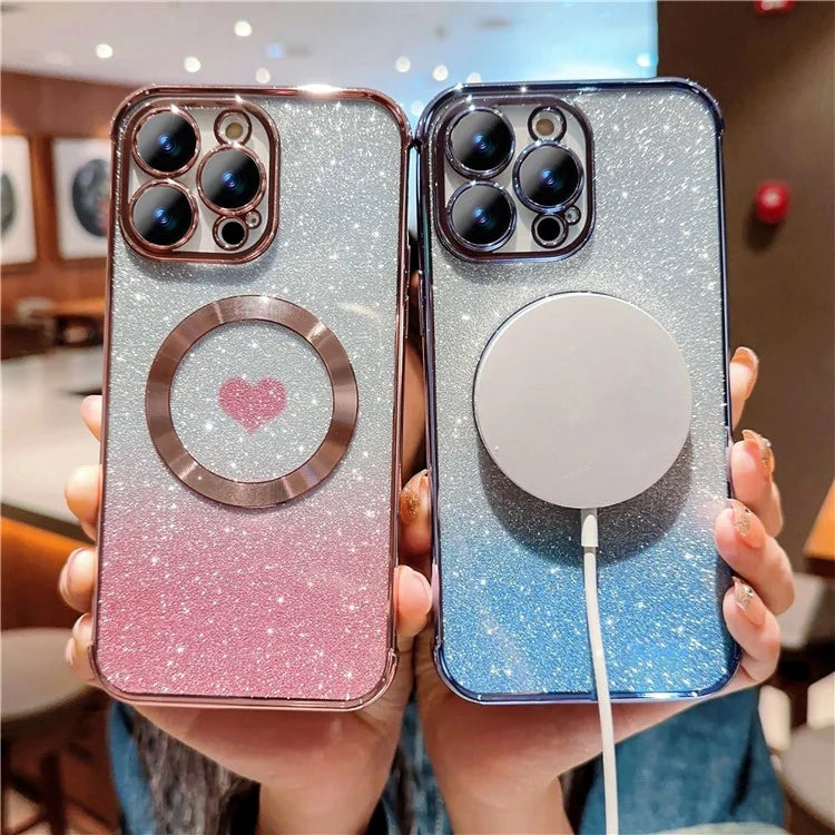 For iPhone 15 Pro Max Magnetic Case TPU Soft Back Cover Aesthetic Glitter Gradient Love Heart