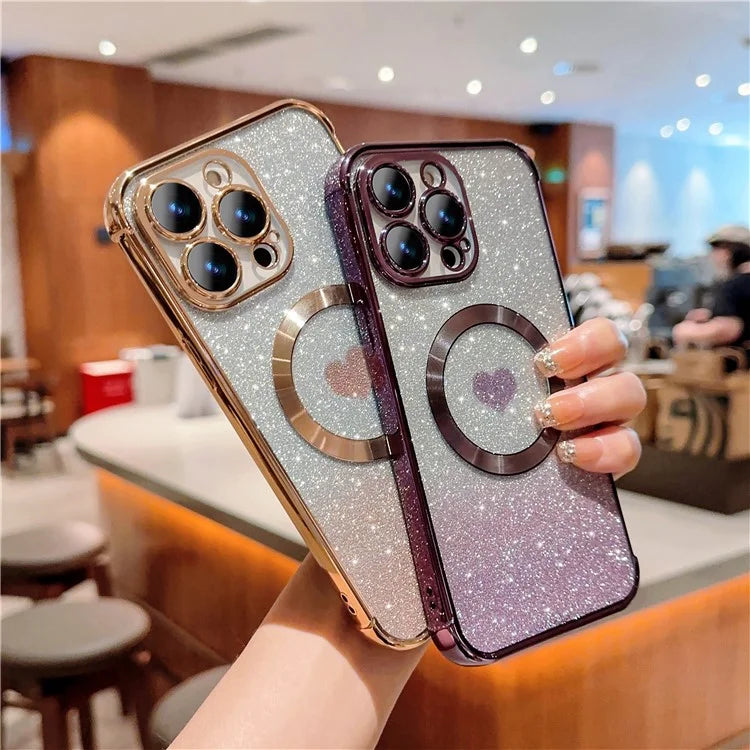 For iPhone 15 Pro Max Magnetic Case TPU Soft Back Cover Aesthetic Glitter Gradient Love Heart